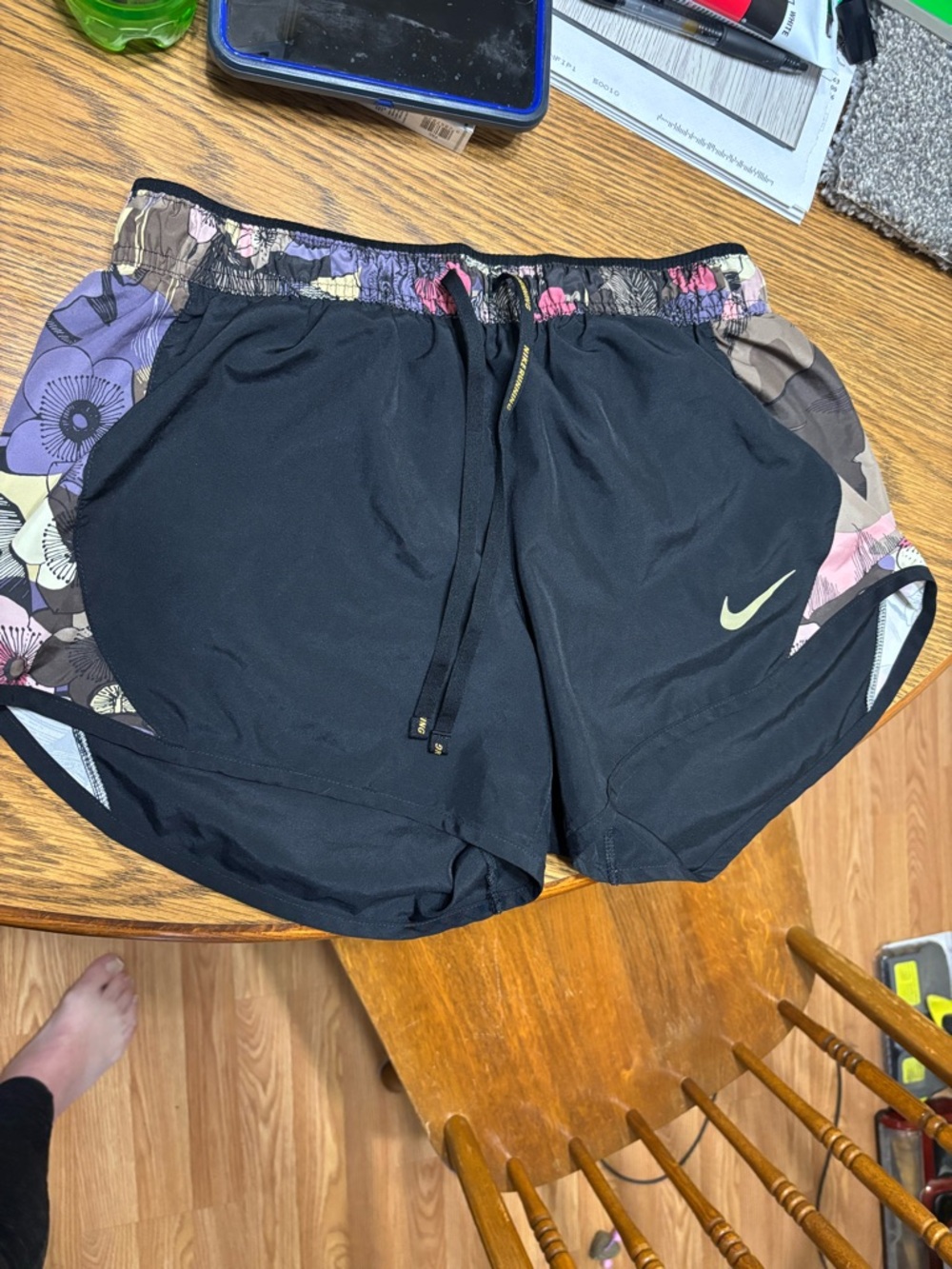 Nike Black Athletic Shorts with Floral-Trim Waistband